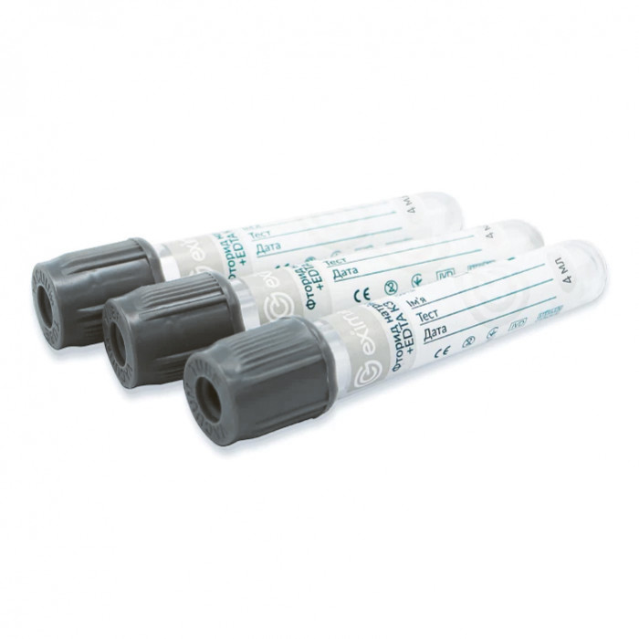 Пробірка вакуумна EximLab®, з фторидом натрію і К3 ЕДТА, стерильна, сіра кришка, 4 мл, 13х75 мм (уп. 100 шт.)