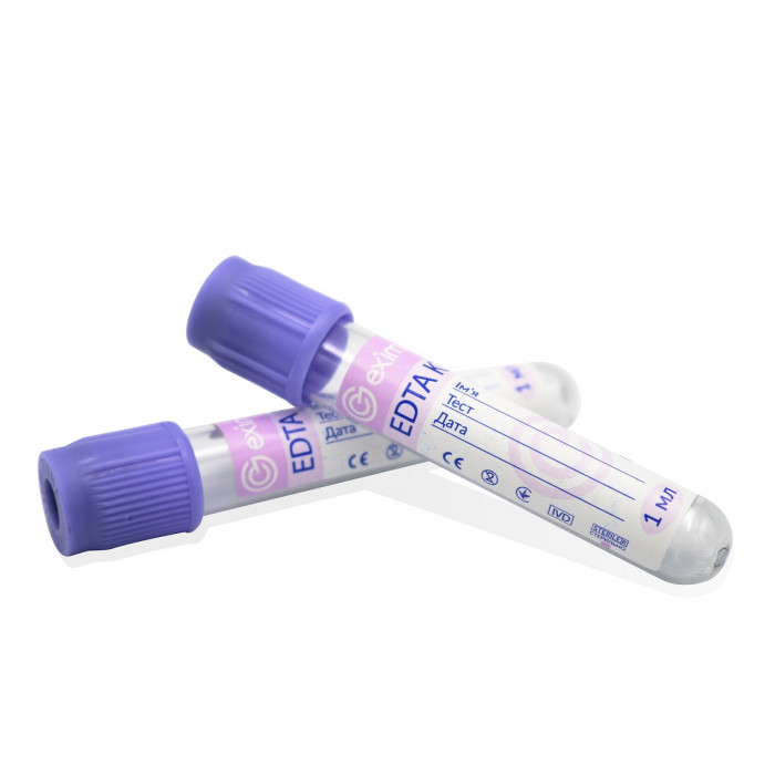 Пробірка вакуумна EximLab®, з К2 ЕДТА, стерильна, фіолетова кришка, 1 мл, 13х75 мм (уп. 100 шт.)