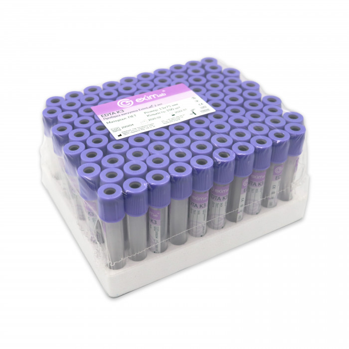 Пробірка вакуумна EximLab®, з К3 ЕДТА, стерильна, фіолетова кришка, 1 мл, 13х75 мм (уп. 100 шт.)