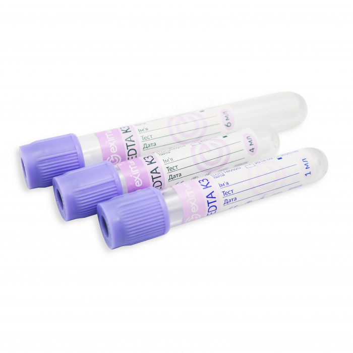 Пробірка вакуумна EximLab®, з К3 ЕДТА, стерильна, фіолетова кришка, 1 мл, 13х75 мм (уп. 100 шт.)