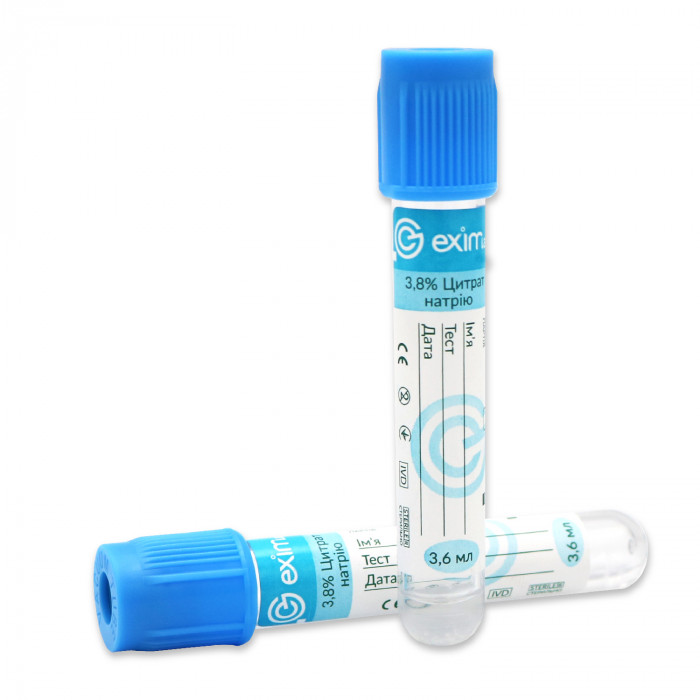 Пробірка вакуумна EximLab  3,6 (3,8%) мл з цитратом натрію блакитна кришка 13х75 мм (100 шт/уп)