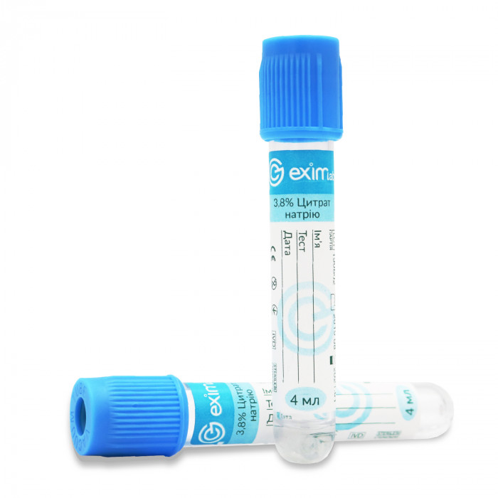 Пробірка вакуумна EximLab 4 (3,8%) мл з цитратом натрію блакитна кришка 13х75 мм (100 шт/уп)