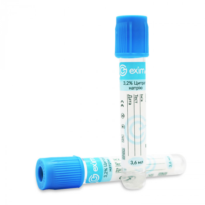 Пробірка вакуумна EximLab 3,6 (3,2%) з цитратом натрію блакитна кришка мл 13х75 мм (100 шт/уп)