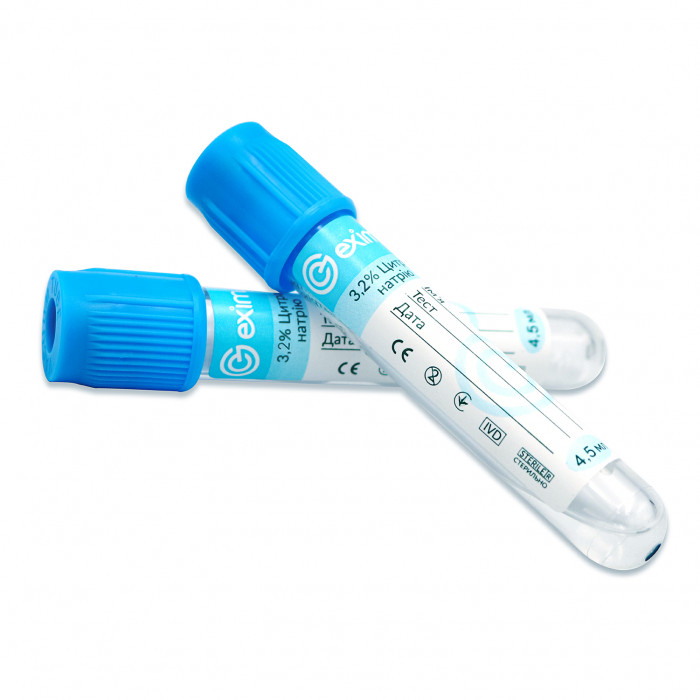 Пробірка вакуумна EximLab®, з цитратом натрію (3.2%), стерильна, блакитна кришка, 4.5 мл, 13х75 мм (уп. 100 шт.)