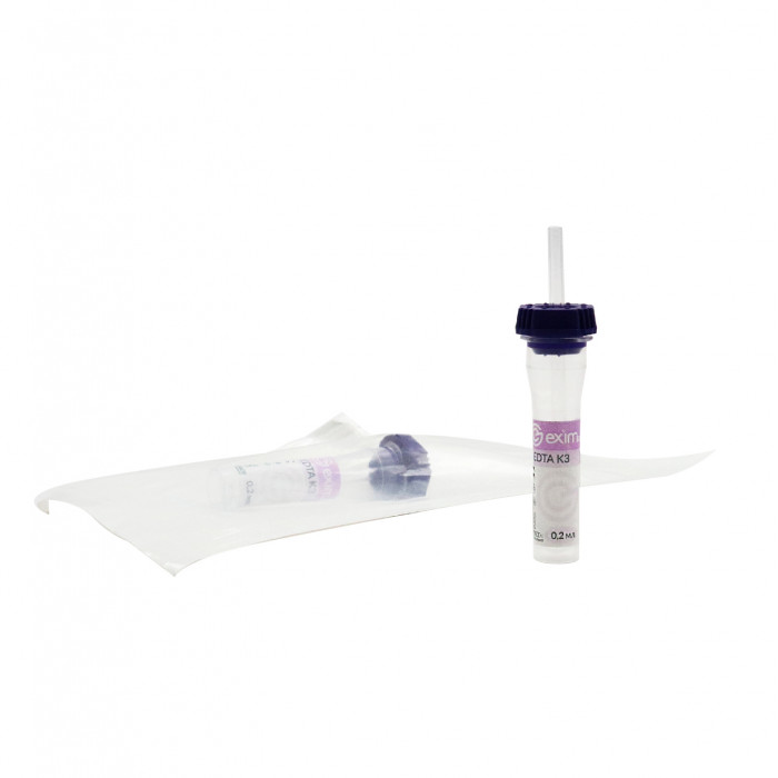 Пробірка для забору капілярної крові EximLab  0,2 мл з K3 EDTA фіолетова кришка 8х42 мм (інд. уп., капіляр в пробірці)